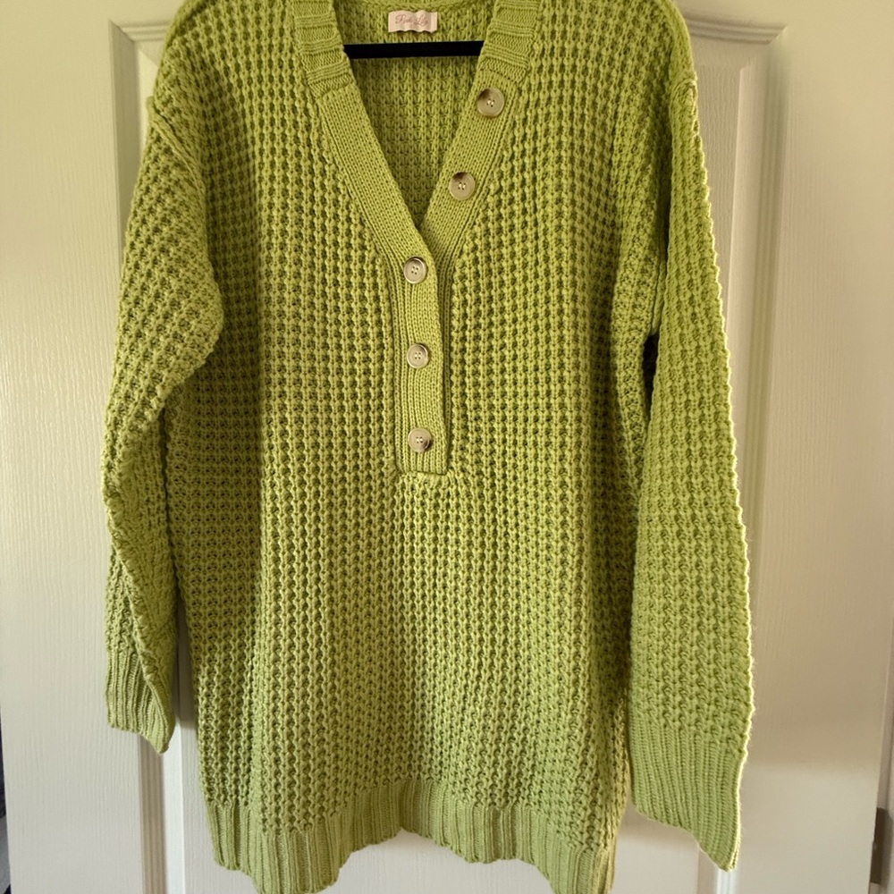Pink Lily Lime Green Waffle Knit V-Neck Button Sweater